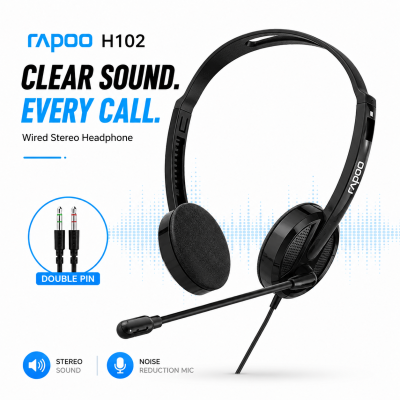 Rapoo H102 Wired Stereo Headphone (Black) – On-Ear Headset with Clear Stereo Sound, Flexible Rotary Microphone, Dual 3.5mm Audio Jacks & 1-Year Warranty